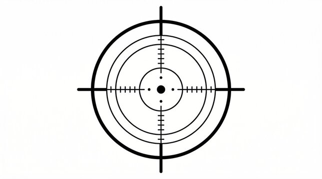 S&iacute;mbolo minimalista de mira telesc&oacute;pica con c&iacute;rculos conc&eacute;ntricos y l&iacute;neas de ret&iacute;cula centradas. Dise&ntilde;o geom&eacute;trico negro aislado sobre fondo blanco que representa precisi&oacute;n, objetivo y enfoque.