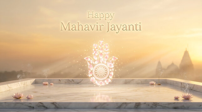 Serene mahavir jayanti celebration with lotus pond at sunrise