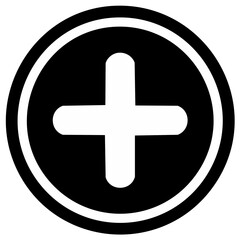 Obraz premium Simple white plus sign inside a black circle with white border, symbolizing addition or positive