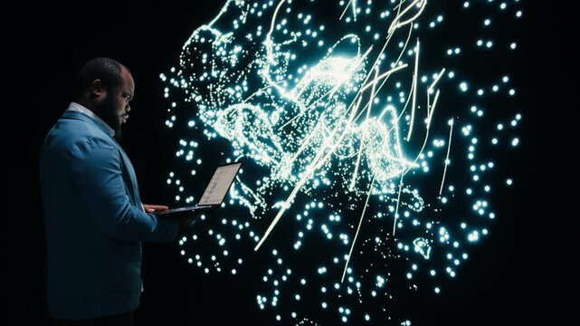 Computer scientist monitoring AI model cognitive systems using AR projection interface. RD tech startup IT expert using augmented reality visualization to study neural network nodes activity, camera A