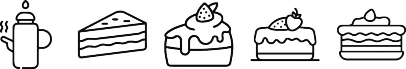 Set of food icons featuring a teapot, cake slice, whipped cream cake, strawberry cake, and layered cake slice
