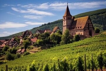Hunawihr village and its fortified church are nestled among green vineyards under a blue sky