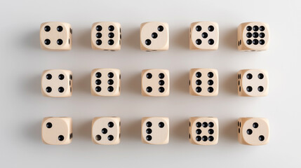 Set of wooden dice arranged in a grid pattern displaying various numbers on a light background, showcasing different dot configurations for gaming or decorative purposes