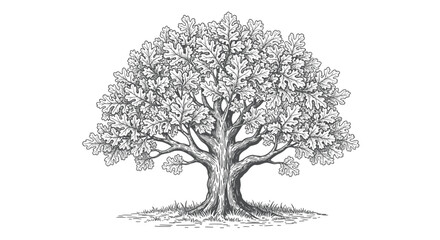 Hand Drawn Oak Tree Illustration - Majestic Tree with Detailed Leaves and Trunk © anis