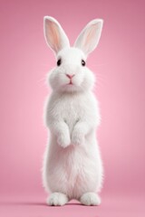 Cute white bunny standing upright with fluffy fur and large ears against a soft pink background, showcasing its adorable features and playful stance
