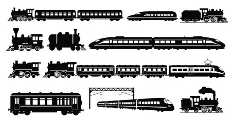Black silhouette illustrations of diverse trains including steam locomotives, electric trains, passenger cars, and modern high‑speed rail, showcasing evolution of railway design and technology © MdMahmudul