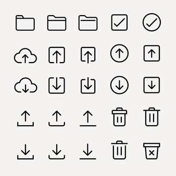 Set of 24 minimalist icons featuring upload, download, trash, and folder symbols. Simple and clean design for digital interfaces and applications. User interface icons, UI icon vector set.
