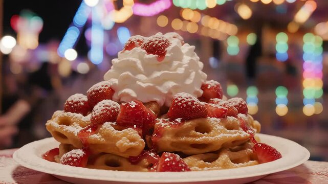 Delicious waffles with strawberries and whipped cream food photography
