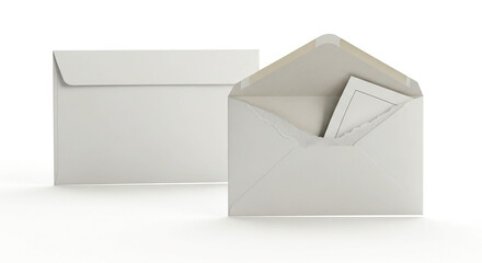 Two white envelopes with one open on a plain background