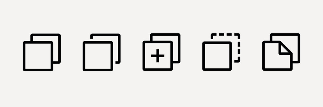 Set of five copy icons. Simple, minimal design. Copy icons with plus, duplicate, and paste variations. Perfect for digital interfaces and design projects. User interface icons, UI icon vector set.