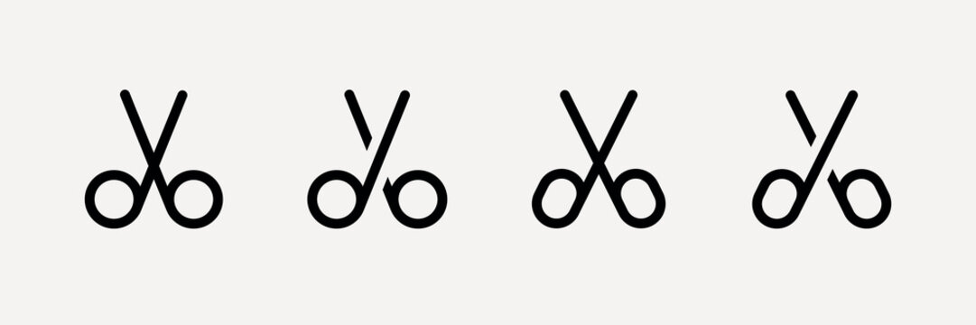 UI icon vectors. Four black scissor icons in a row on a white background. Simple scissor design. Scissor symbols repeated. Minimalist scissor illustration. User interface icons, UI icon vector set.