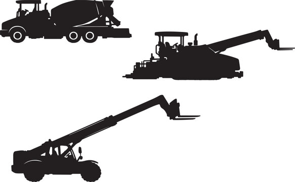 Set of black silhouette icons for concrete mixer, telehandler, and telescopic handler machines
