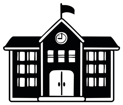 Black and white school building icon with flag and clock