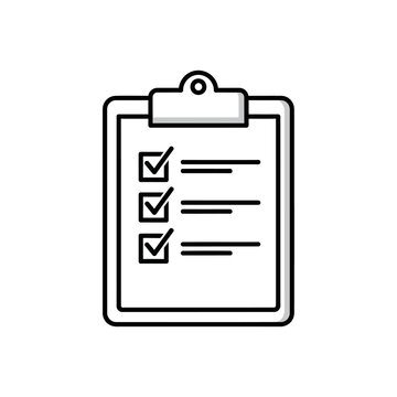 A simple black and white line drawing of a clipboard with a checklist and three completed items.