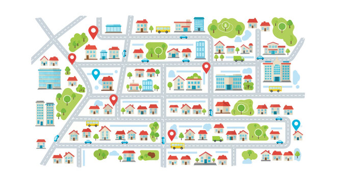 Cartoon City Map with Houses, Buildings, Roads and Cars - Flat Design