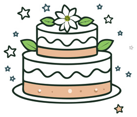 Celebration Cake Illustration with Flower and Stars Two Tiered Dessert Pastry