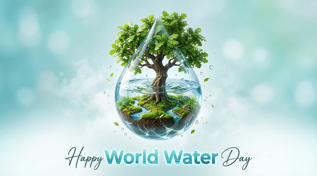 Happy world water day tree in water droplet eco friendly concept world water day poster environmental conservation