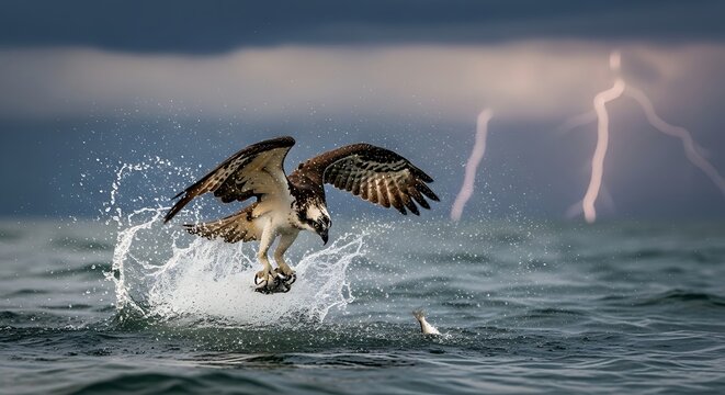 An osprey bird emerges from the water with a fish in its talons, creating a splash, against a dramatic backdrop of lightning in a stormy sky.