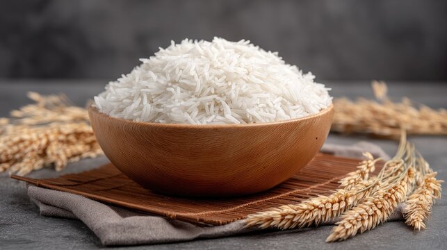 White rice in a wooden bowl rests on a bamboo mat with ears of wheat beside it against a gray background in a close-up shot