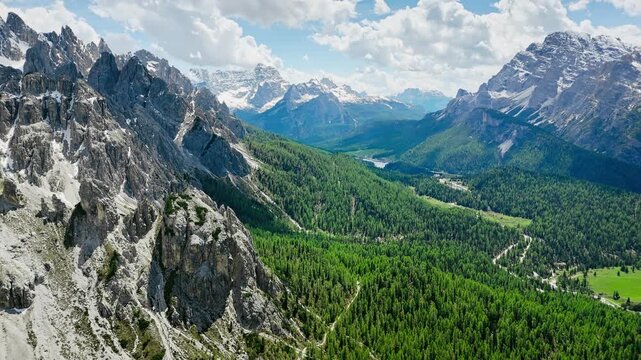 Sexten Dolomites with aligned ridges and valleys, aerial view. Northern Italy mountain landscape