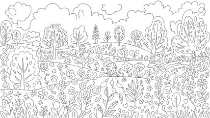 Obraz premium black and white line art illustration of landscape with flowers and tr