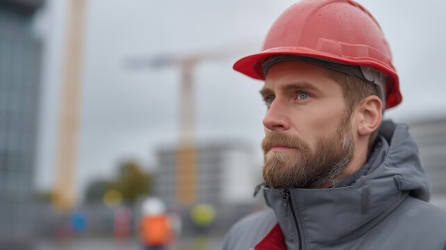 Bauprofi mit Schutzhelm auf einer Baustelle f&uuml;r Gesch&auml;ftsplanung