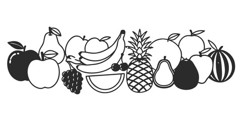 A variety of fruits including apples, bananas, grapes, pineapple, and pears arranged in a row © freelancemoment