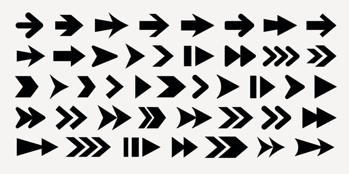 A collection of black arrows in various styles and directions on a grid background. Arrows pointing left, right, up, and down. Bold, geometric arrow designs. Element vector set.
