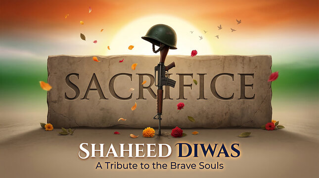 Tribute to brave souls on shaheed diwas with sacrifice monument and soldier's helmet