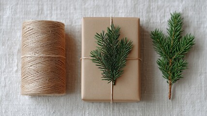 Kreative DIY-Geschenkverpackung mit Kraftpapier und Kordel, verziert mit Kiefernzweigen im deutschen Flat-Lay-Design