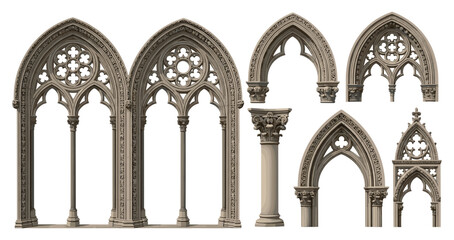 Naklejka premium Black and white illustrations of Gothic architectural elements including pointed arches, ornate tracery, and decorative columns, ideal for architectural history, design, or restoration themes.