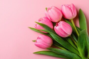Obraz premium Pink Tulips Bouquet Still Life Top-Down View on Pink Background Springtime Floral Arrangement for Mother's Day