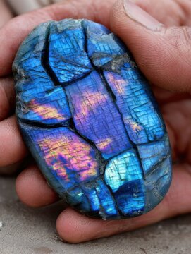 Close up of labradorite stone held in hand showing iridescent colors and textures in natural light geology mineralogy