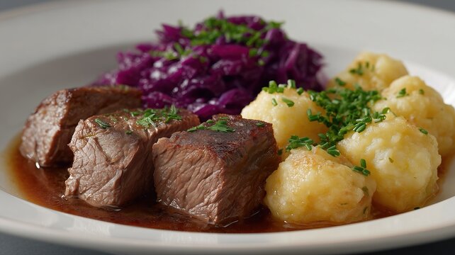 K&ouml;stliche Rheinland-Hausmannskost mit Sauerbraten, Rotkohl und Kartoffelkn&ouml;deln &ndash; Inspiration f&uuml;r die heimische K&uuml;che