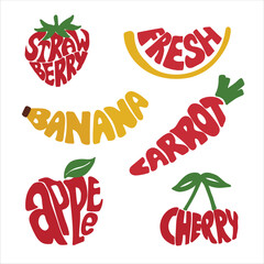 Colorful fruit and vegetable typography illustration with strawberry banana apple carrot and cherry © Saranga