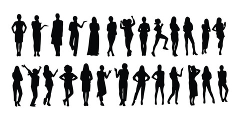 Silhouettes of diverse group of people in various poses and activities
