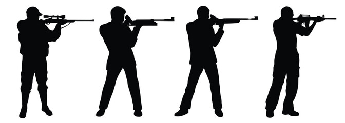 Silhouettes of men aiming rifles in shooting stances representing marksmanship and military or hunting © Mahima