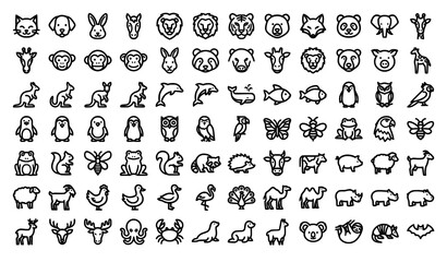 Naklejka premium 60 Black and White Animal Icons Vector Set for Minimalist, Flat, and Line Design