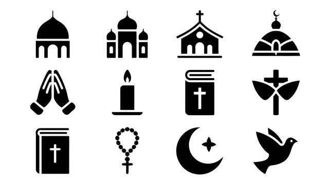Sacred place architecture and spiritual belief icons for religious designs