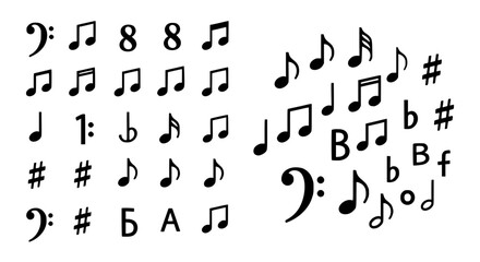 Notes musical scattered set with black eighth notes and rests on white background featuring music symbols, graphic