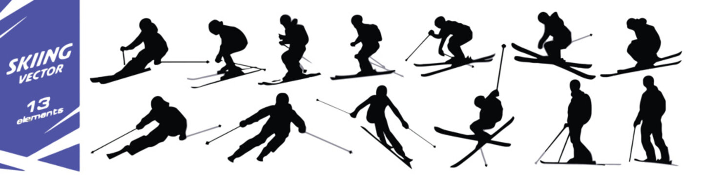 Silhouettes of skiers in action on snow slopes