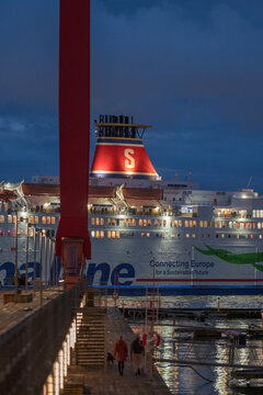 Gothenburg, Sweden - november 02 2025: Stena Line ferry ship illuminated in harbor at night.