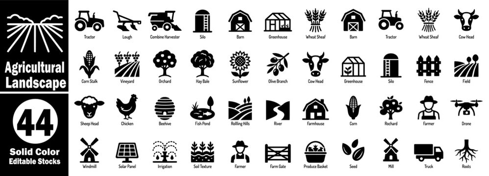 Agricultural Landscape icons set. Farming solid vector icons set for the agricultural industry and crops vector illustrator.