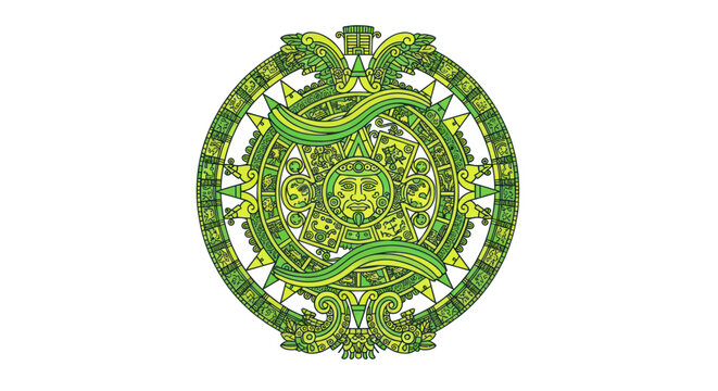 Aztec Sun Stone Calendar Wheel, Ancient Mexican Mythology Symbol, Green Tones