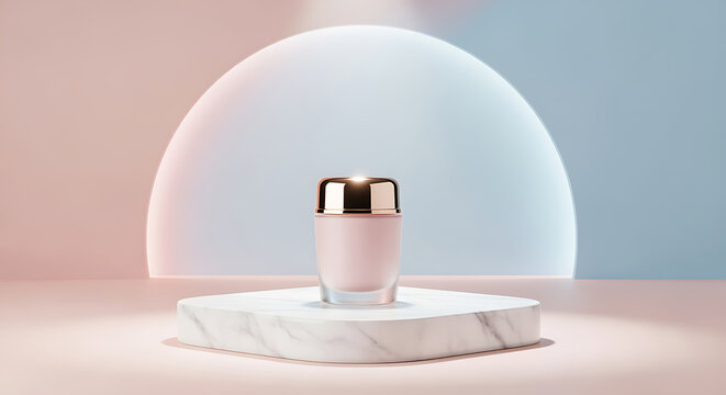 Pink and gold cosmetic jar on white marble base with gradient background pink jar gold lid de