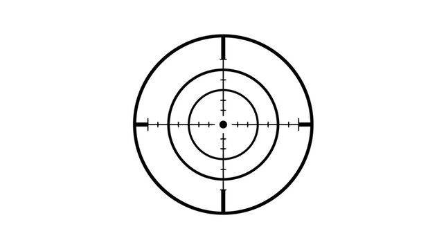 S&iacute;mbolo minimalista de mira telesc&oacute;pica con c&iacute;rculos conc&eacute;ntricos y l&iacute;neas de ret&iacute;cula centradas. Dise&ntilde;o geom&eacute;trico negro aislado sobre fondo blanco que representa precisi&oacute;n, objetivo y enfoque.