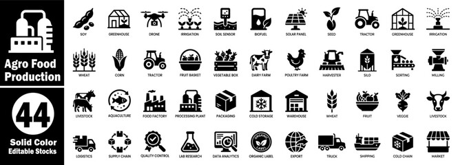 Agro Food Production icons set. Soy greenhouse drone irrigation soil sensor biofuel solar panel seed vector illustrator. © Hafiz