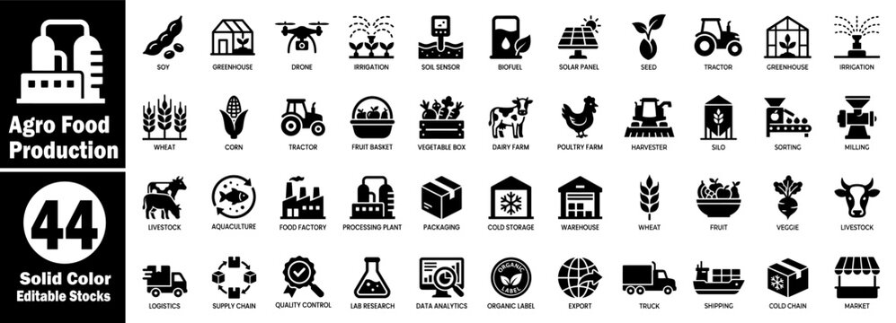 Agro Food Production icons set. Soy greenhouse drone irrigation soil sensor biofuel solar panel seed vector illustrator.