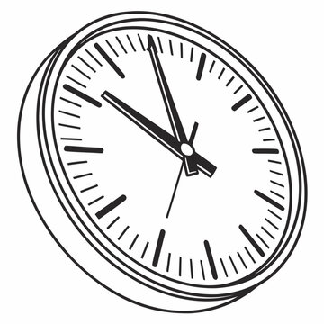 Minimalist wall clock illustration with modern dial and sharp hands showing almost eleven o clock in black and white sketch style isolated vector