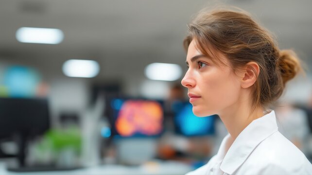 Geodatenanalyst untersucht Satellitenkarten in einem modernen Labor f&uuml;r Umweltbewertungen.